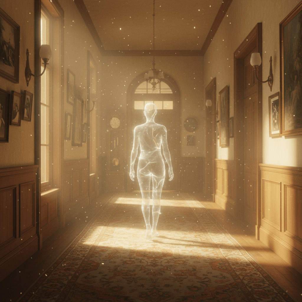 Silueta etérea de un alma recorriendo sus pasos en un pasillo nostálgico.