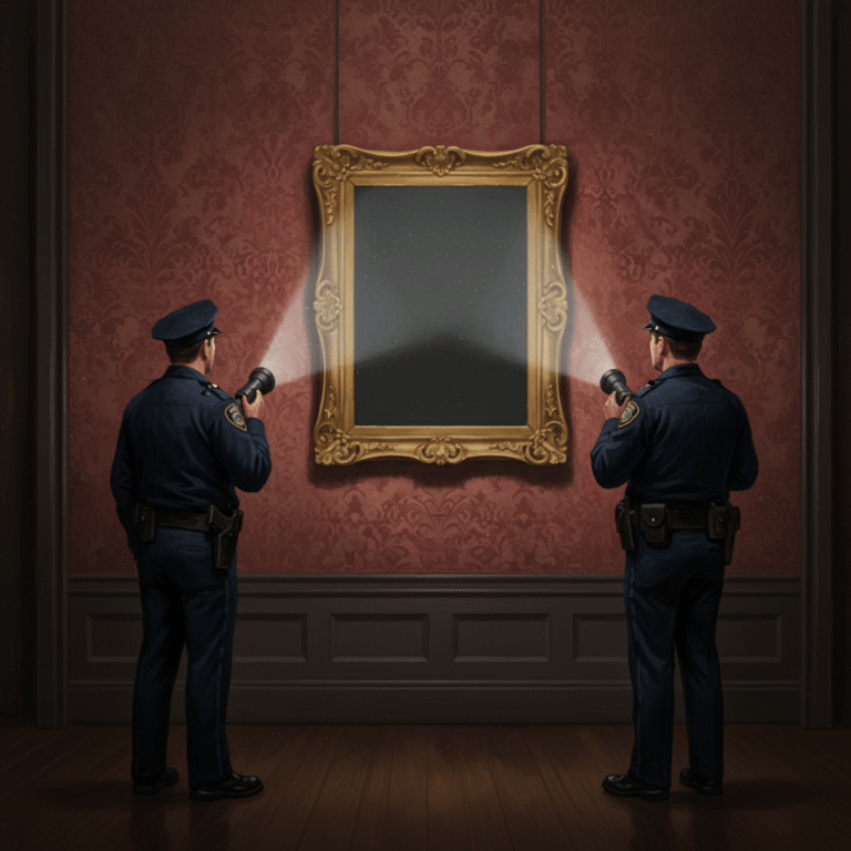 Ilustración de los ladrones vestidos de policías en el museo Gardner