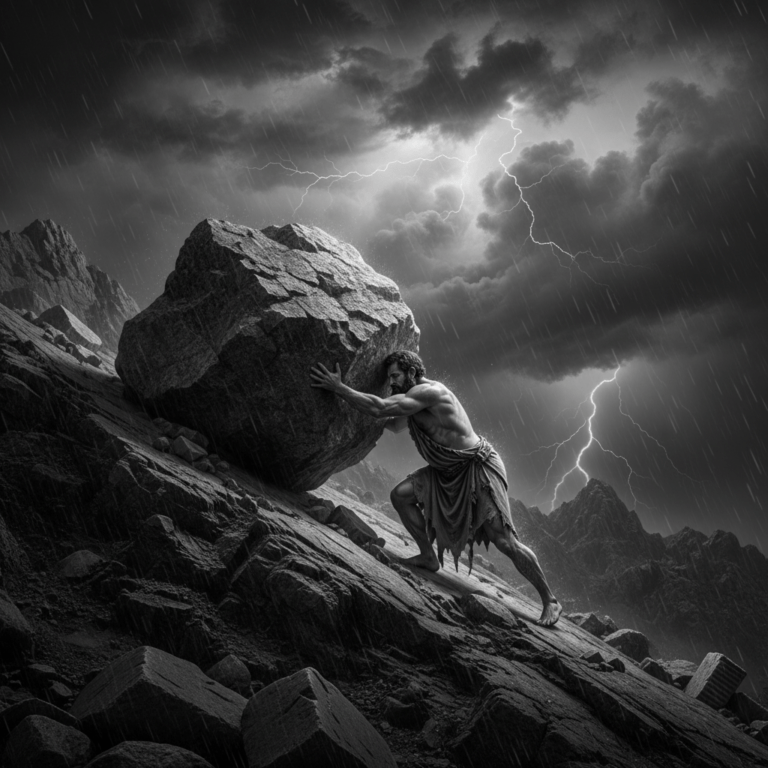 Sísifo empujando una roca gigante en una montaña oscura