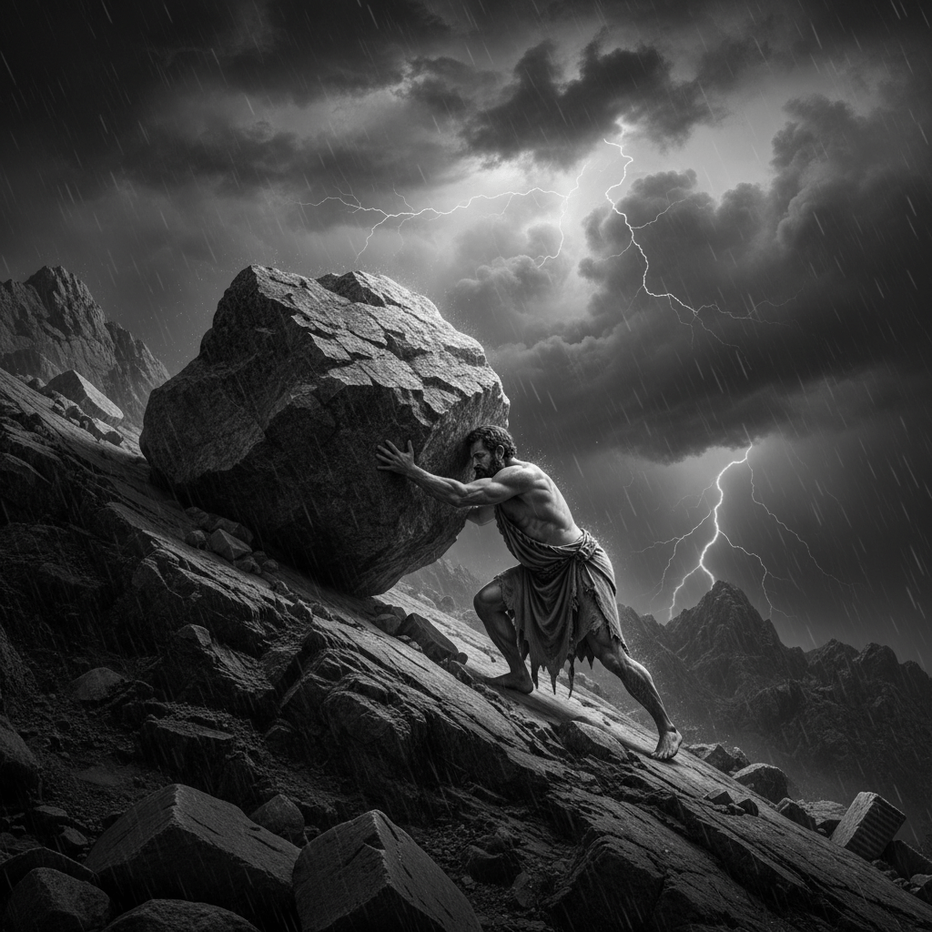 Sísifo empujando una roca gigante en una montaña oscura