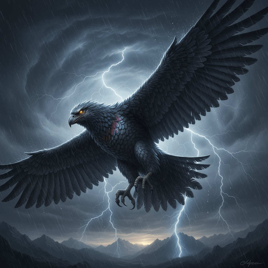 Representación artística de un Thunderbird volando en una tormenta eléctrica.