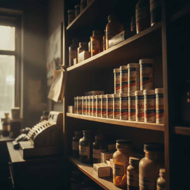 Estante de farmacia de 1982 con frascos de Tylenol