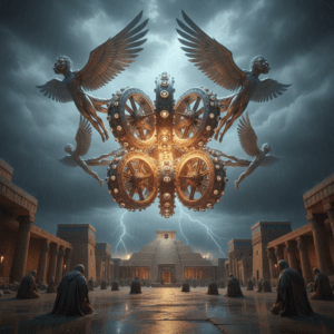 Representación de la visión del carro de Ezequiel como una nave tecnológica.