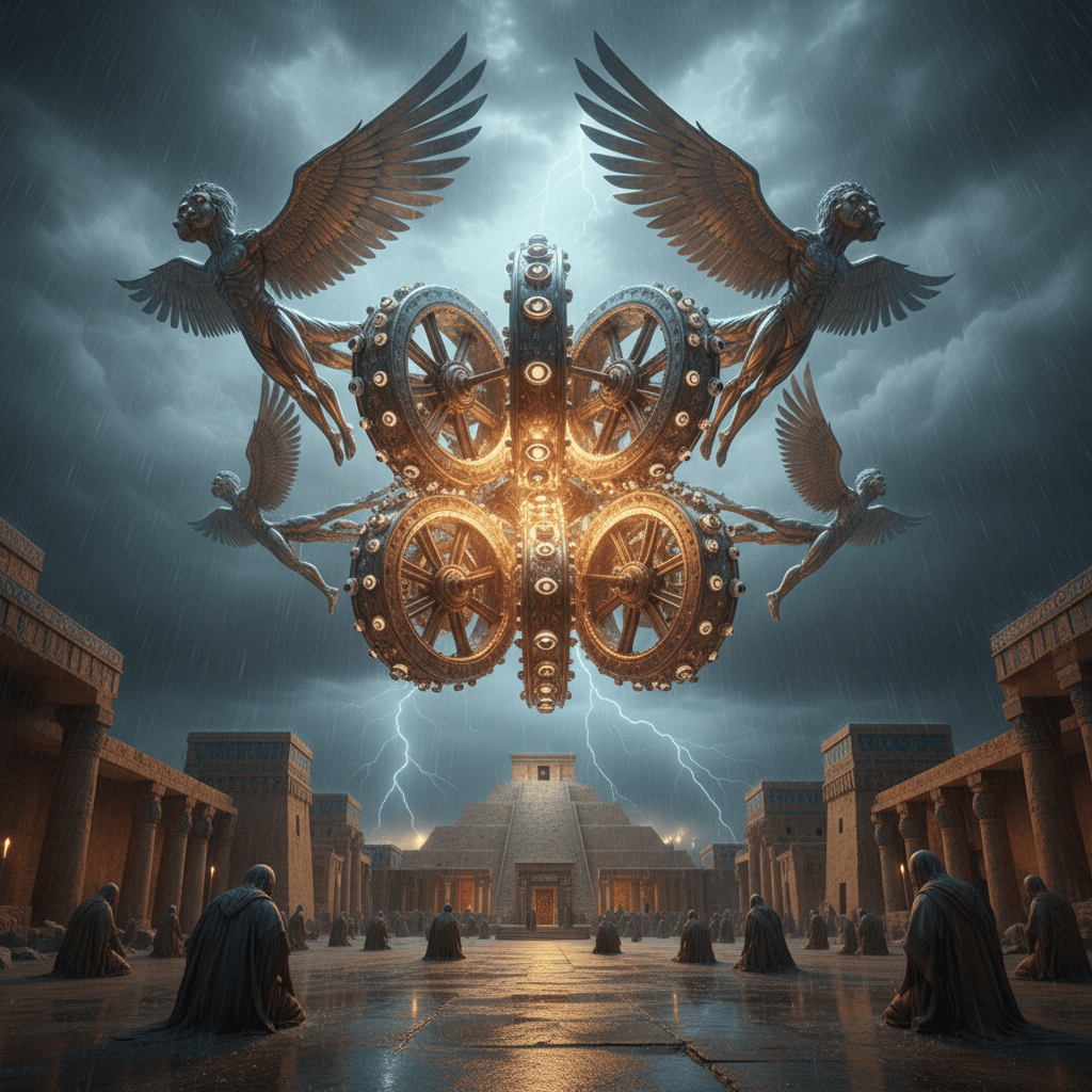 Representación de la visión del carro de Ezequiel como una nave tecnológica.