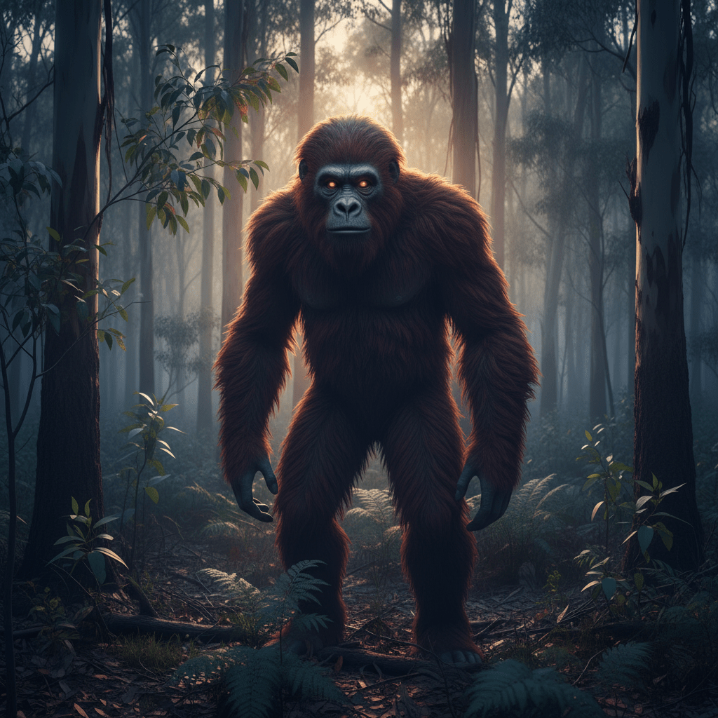 Representación artística del Yowie en un bosque australiano.