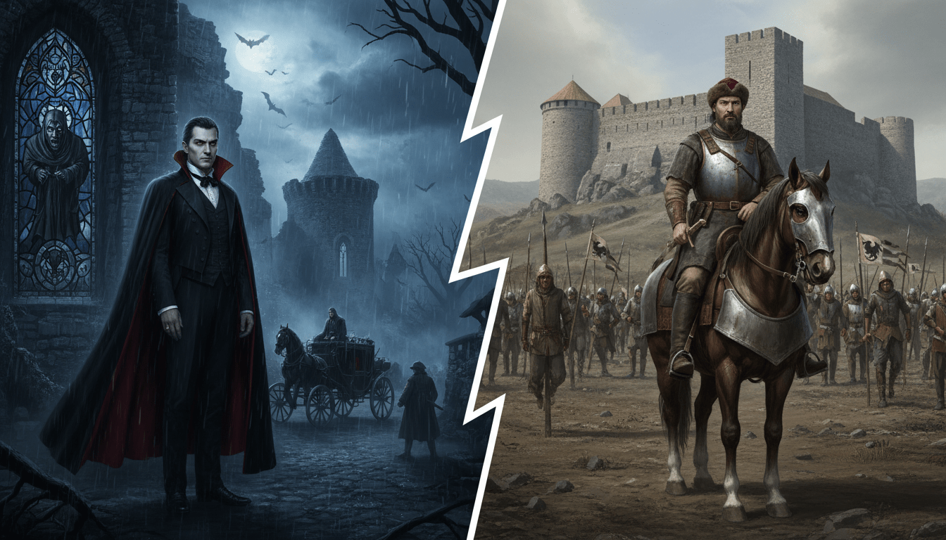 Ilustración del Conde Drácula frente a un castillo envuelto en bruma en los montes Cárpatos