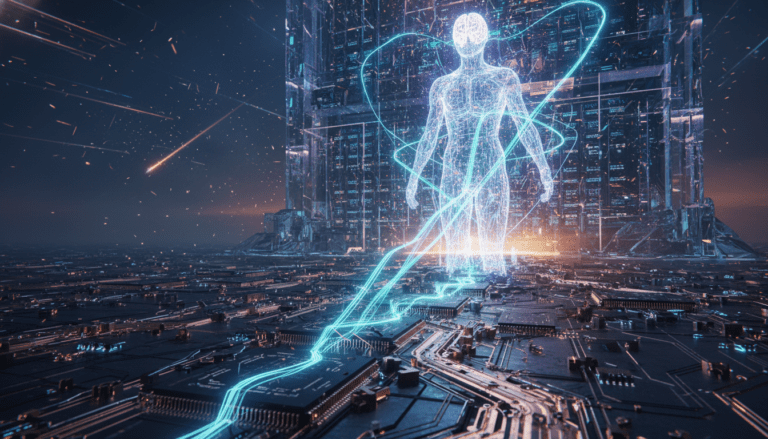 Representación artística de una red neuronal luminosa emergiendo de un procesador de silicio