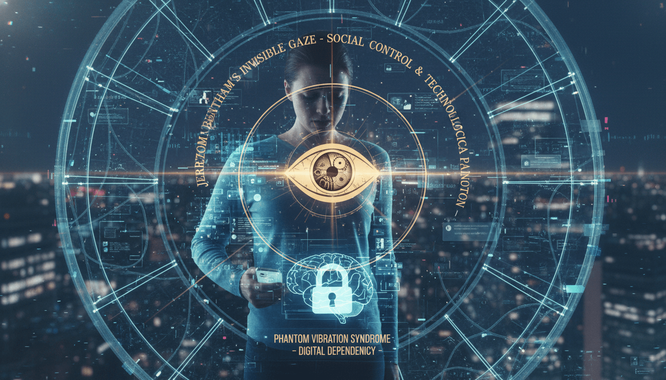 Ilustración conceptual de una persona mirando un smartphone que proyecta una estructura de prisión circular o panóptico sobre ella.