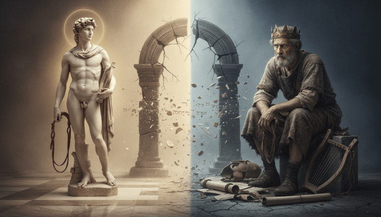 Representación artística del Rey David combinando elementos de pastor y monarca sobre un fondo histórico