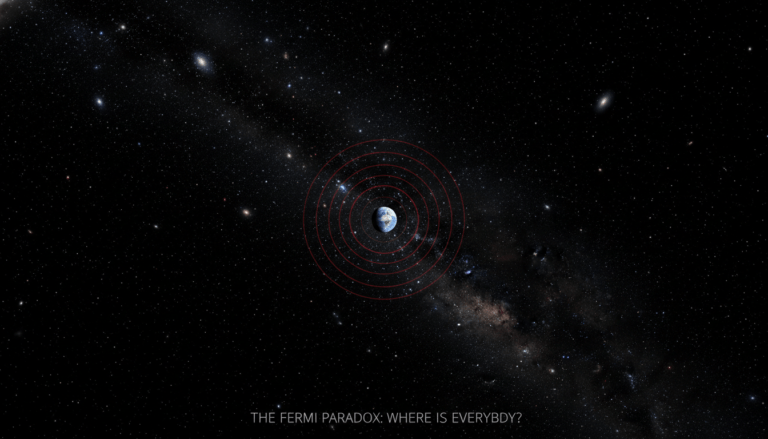 Un radiotelescopio solitario bajo un cielo estrellado nocturno representando la búsqueda de señales espaciales