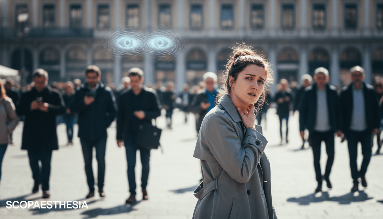 Una persona girándose sorprendida en un café al sentir una mirada fija desde atrás