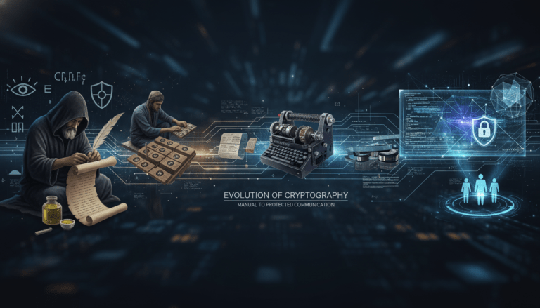 Manuscrito antiguo con símbolos crípticos y herramientas de escritura clásicas que representan el origen de la criptografía.