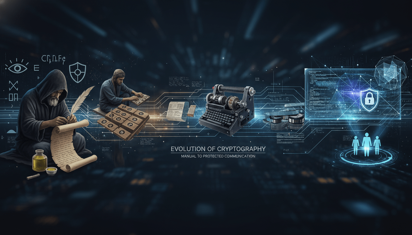 Manuscrito antiguo con símbolos crípticos y herramientas de escritura clásicas que representan el origen de la criptografía.