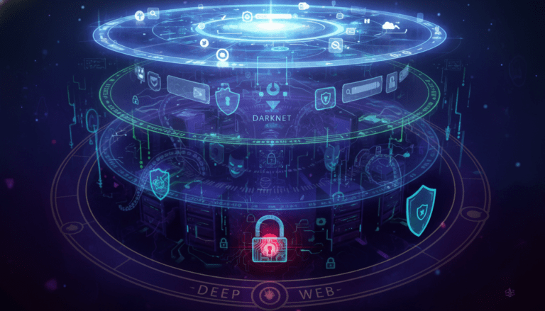 Representación conceptual del internet como un iceberg en un océano digital, ilustrando la superficie y las profundidades de la red.