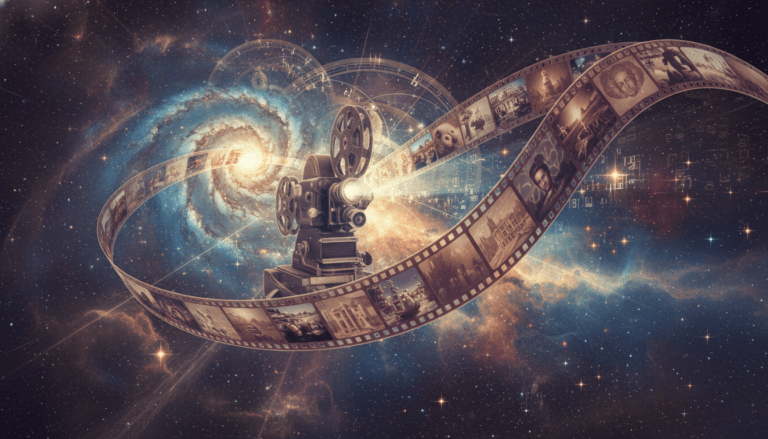 Representación artística del universo como una cinta magnética cósmica grabando pensamientos y estrellas.