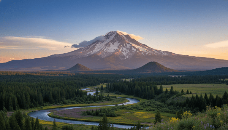Vista majestuosa del monte Shasta cubierto de nieve bajo un cielo despejado en el norte de California.