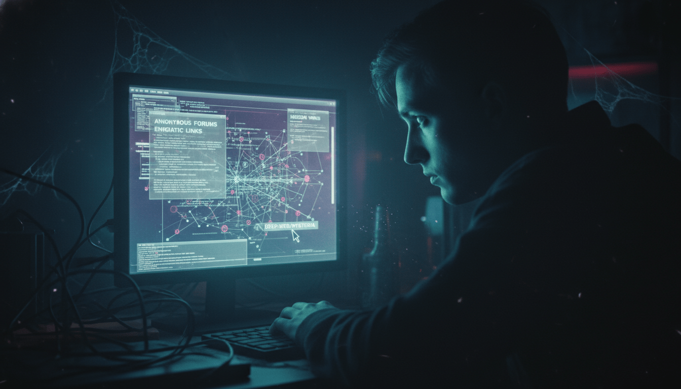 Persona en una habitación oscura frente a un monitor brillante accediendo a la red Tor en la deep web.