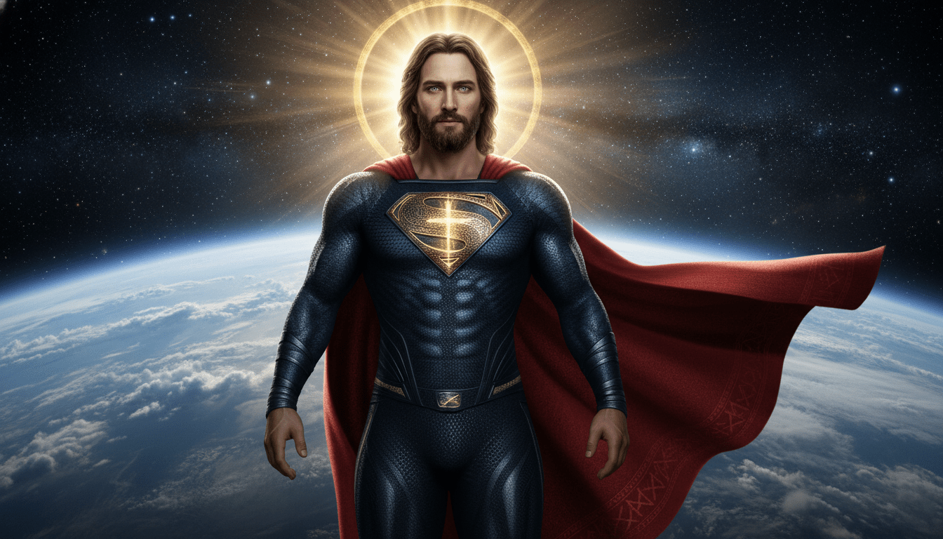 Ilustración cinematográfica que fusiona la iconografía de Jesucristo y Superman en un entorno cósmico.
