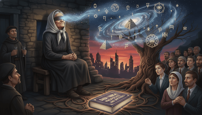 Retrato místico de Baba Vanga, la vidente búlgara, con una atmósfera enigmática que representa su conexión con el tiempo.