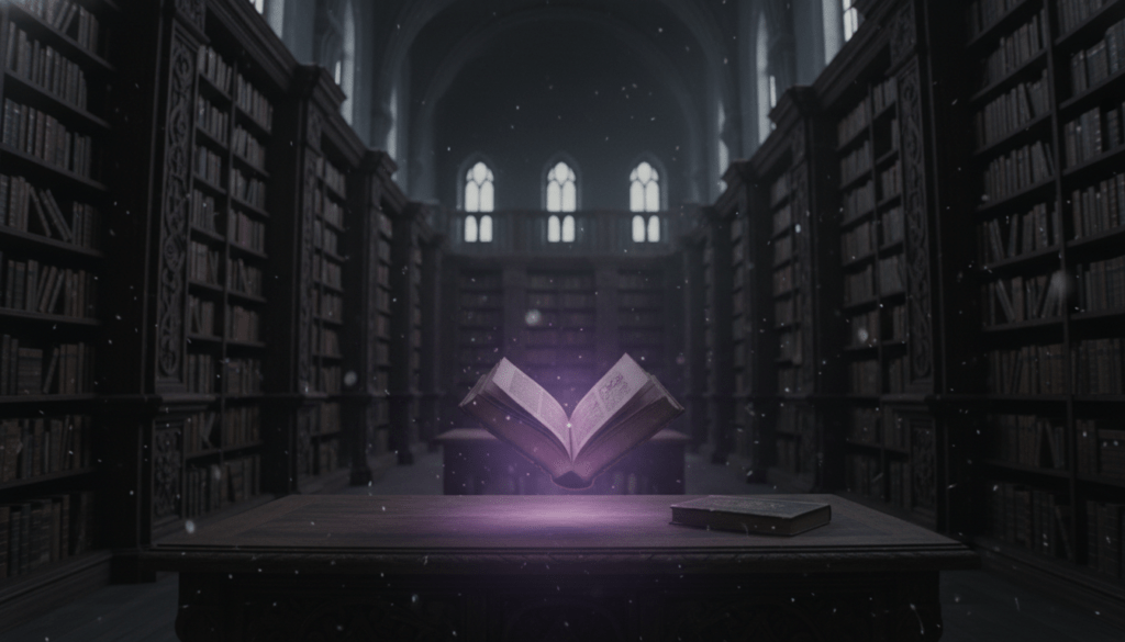 Imagen fotorrealista de una biblioteca antigua y misteriosa con un libro prohibido flotando y emitiendo luz, representando el conocimiento oculto.