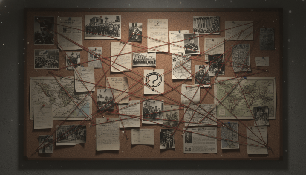 Fotografía realista de un tablero de investigación complejo con hilos rojos conectando eventos históricos dispares, simbolizando la búsqueda de patrones ocultos.
