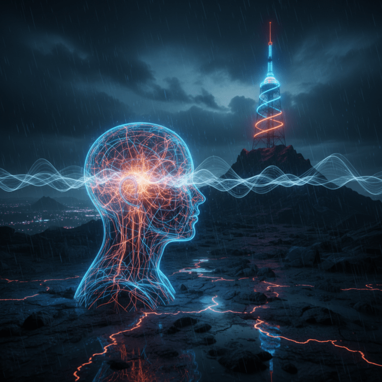 Representación visual de frecuencias de radio afectando el cerebro humano.