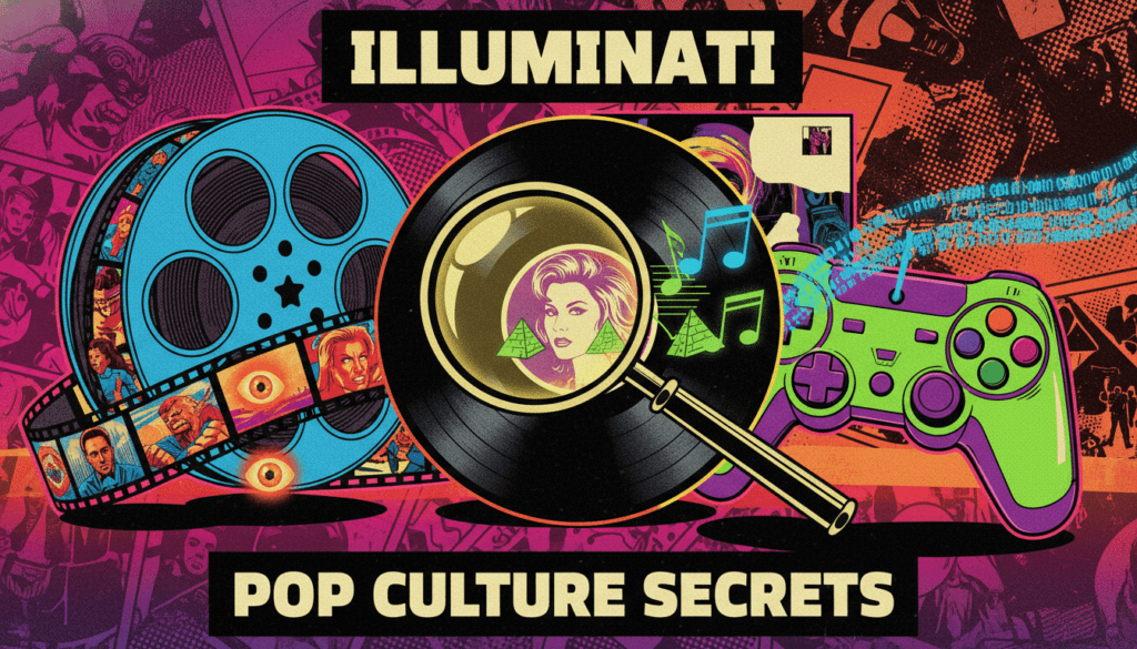 Composición fotorrealista de objetos de cultura pop con una lupa que revela mensajes subliminales y simbología oculta.