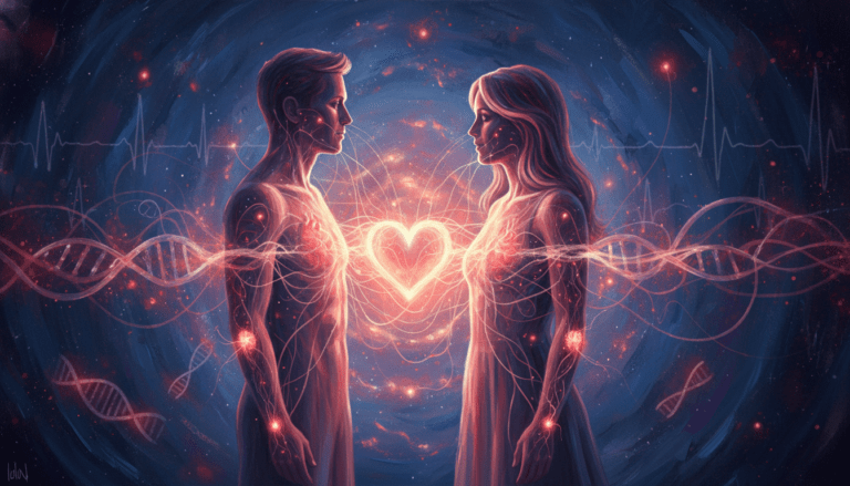 Ilustración conceptual de dos siluetas humanas conectadas por una red de energía roja a través de la distancia