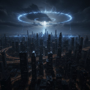 Ciudad moderna sufriendo un apagón masivo por pulso electromagnético