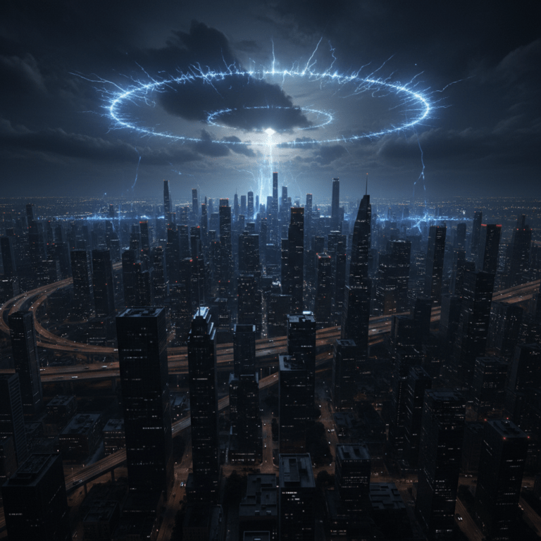 Ciudad moderna sufriendo un apagón masivo por pulso electromagnético