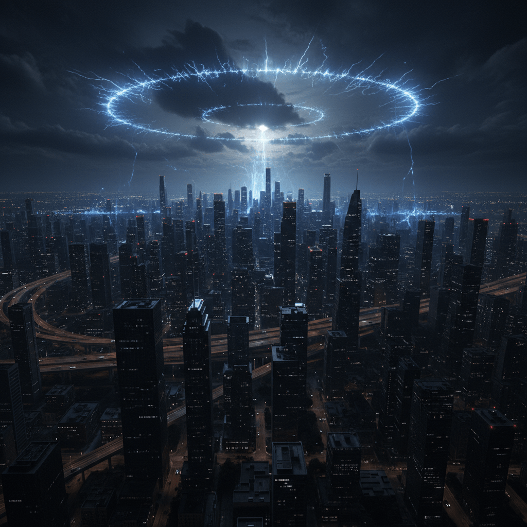 Ciudad moderna sufriendo un apagón masivo por pulso electromagnético