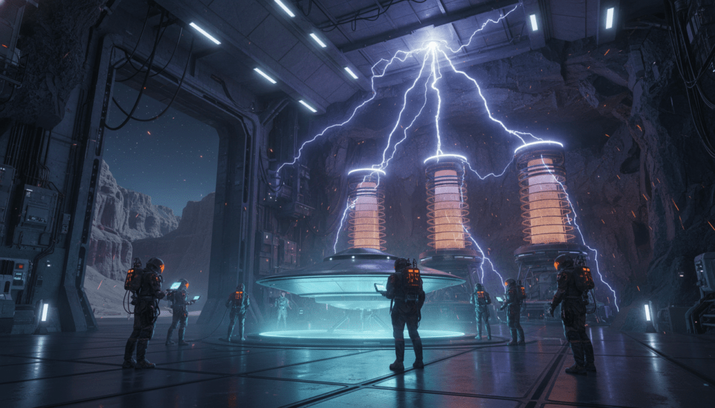 Recreación fotorrealista de un hangar secreto donde científicos estudian una nave extraterrestre utilizando tecnología avanzada y bobinas de Tesla.