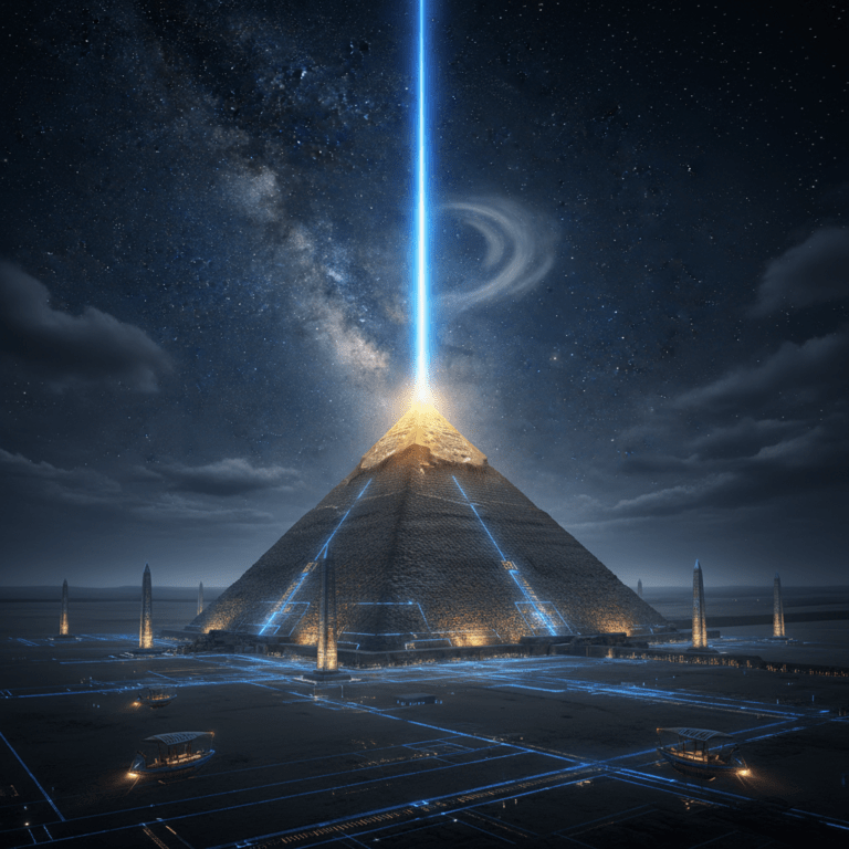 La Gran Pirámide de Giza emitiendo un haz de energía hacia el cielo