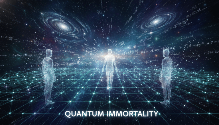 Representación abstracta de partículas cuánticas y luz fractal simbolizando la conexión entre la física y el infinito.