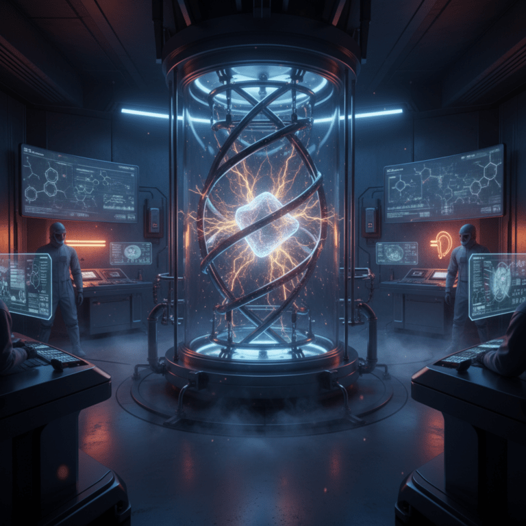 Reactor de transmutación a baja energía brillando en un laboratorio oscuro