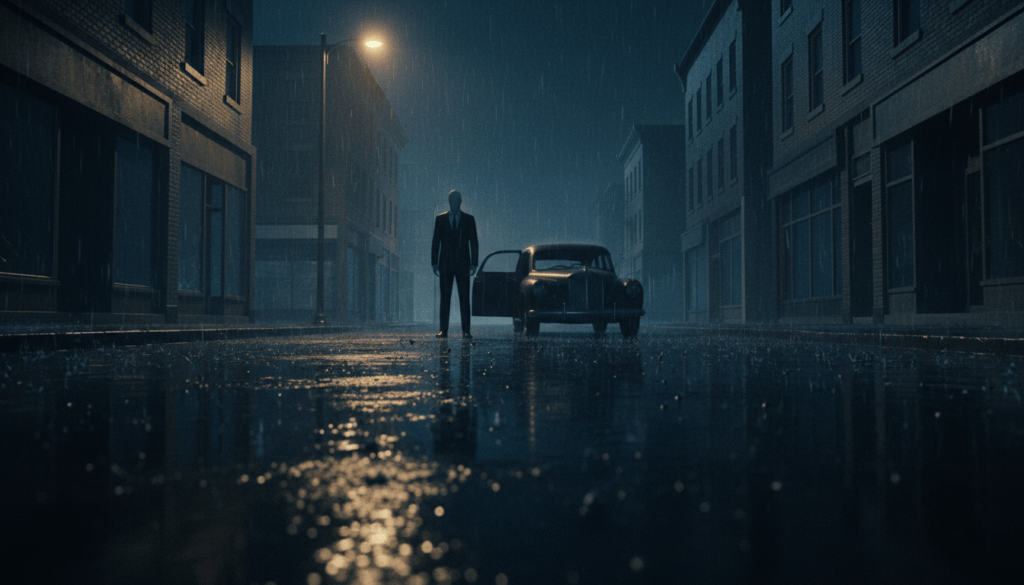 Escena fotorrealista de terror urbano nocturno con una figura misteriosa bajo una farola, representando las leyendas urbanas modernas.