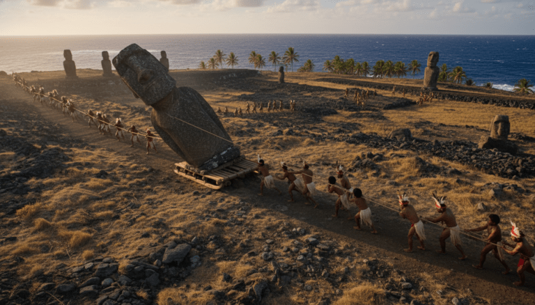Estatua Moai de Rapa Nui sobre un paisaje de ceniza volcánica bajo la luz del atardecer