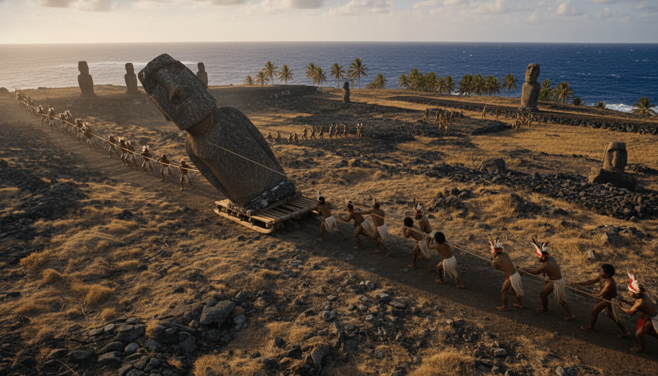 Estatua Moai de Rapa Nui sobre un paisaje de ceniza volcánica bajo la luz del atardecer