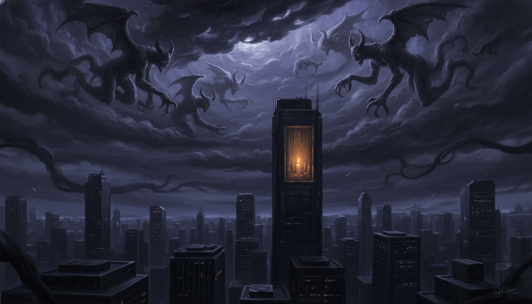 Representación artística de los tres días de oscuridad con sombras acechando una ciudad