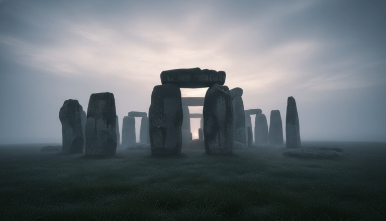 Piedras de Stonehenge emergiendo de una densa niebla en la llanura de Salisbury