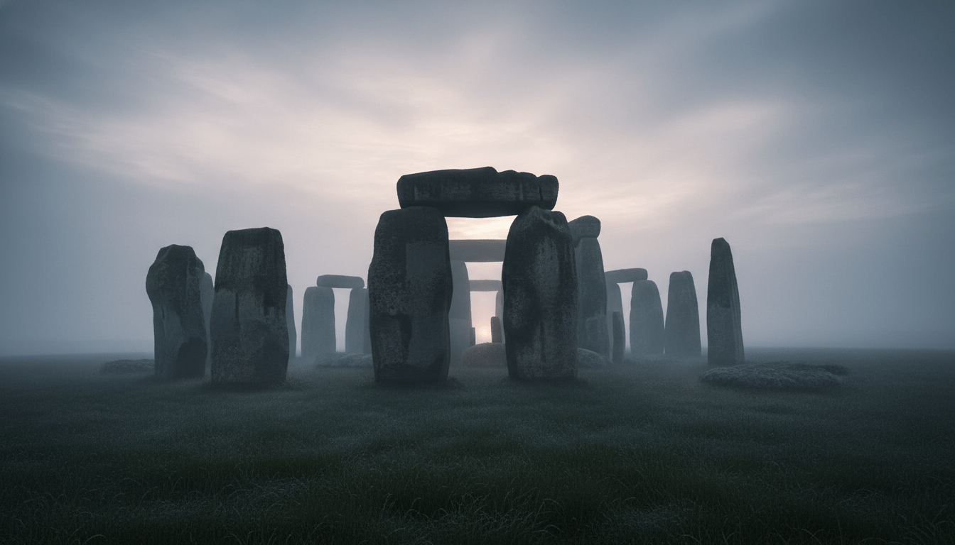 Piedras de Stonehenge emergiendo de una densa niebla en la llanura de Salisbury