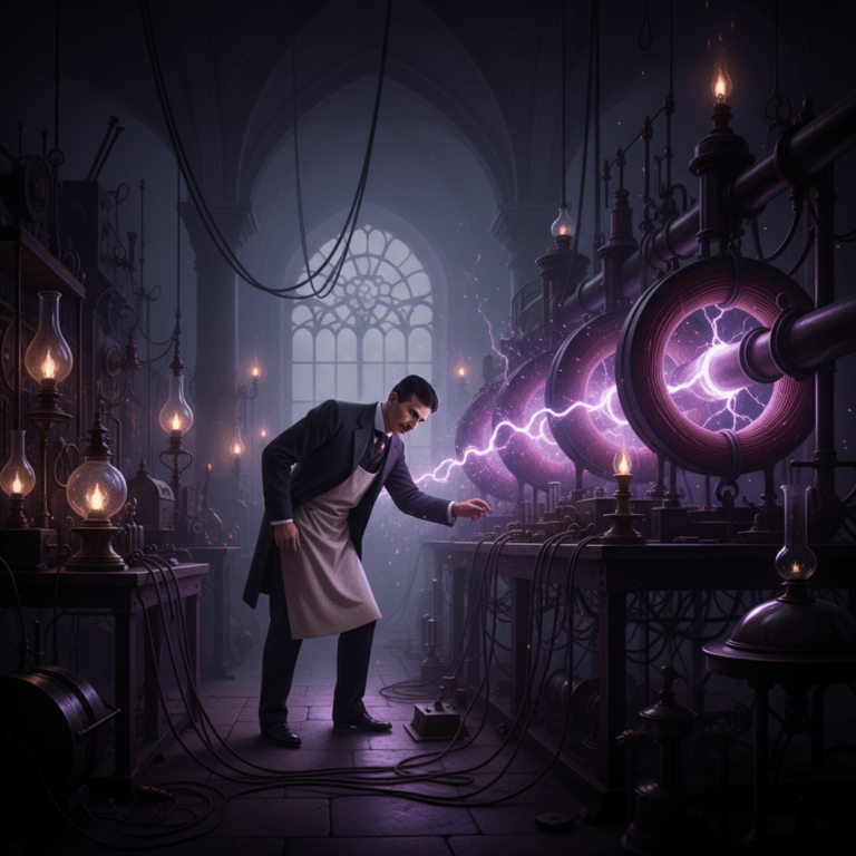 Nikola Tesla en su laboratorio con energía escalar