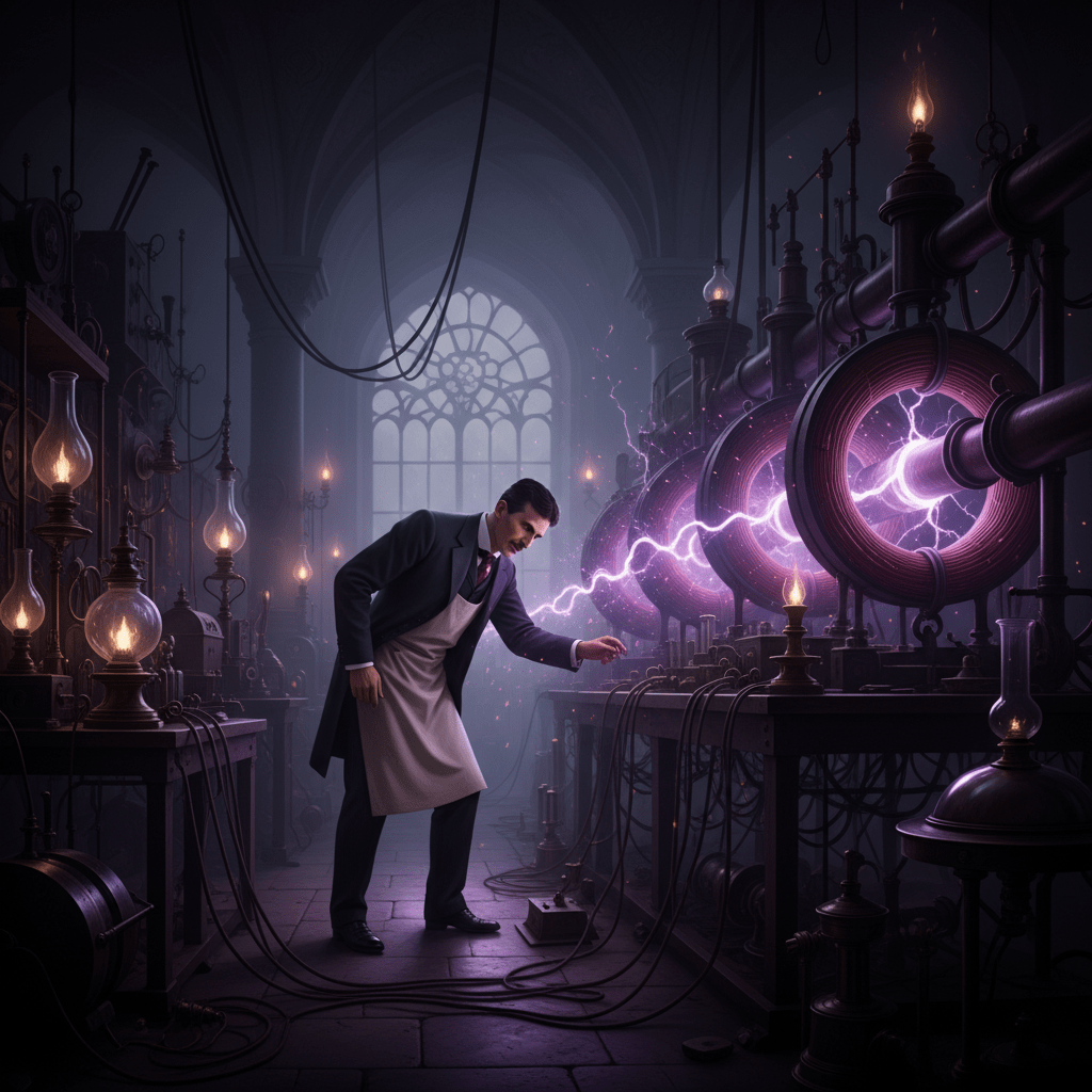 Nikola Tesla en su laboratorio con energía escalar