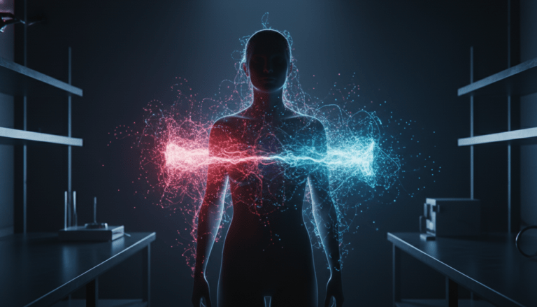 Representación visual del campo bioelectromagnético humano rodeando una silueta en un laboratorio de biofísica moderna.