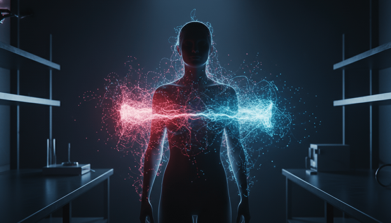 Representación visual del campo bioelectromagnético humano rodeando una silueta en un laboratorio de biofísica moderna.