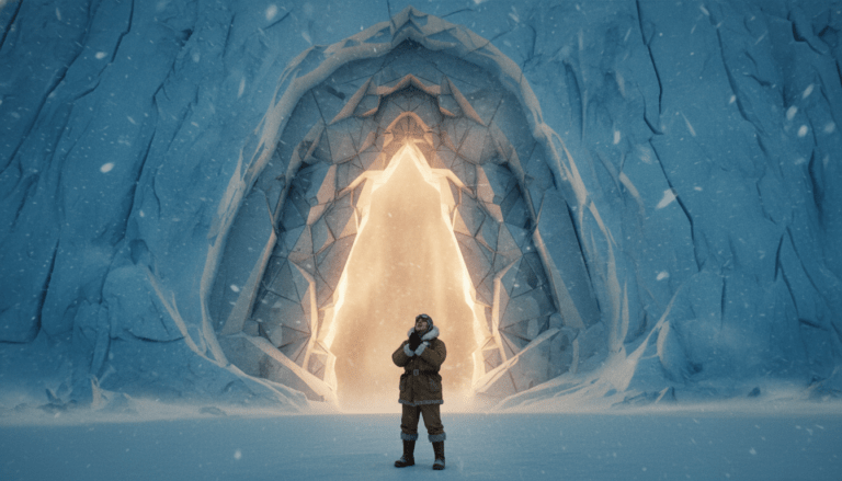 Ilustración de una entrada secreta a la Tierra Hueca en los glaciares de la Antártida con un explorador observando el resplandor.
