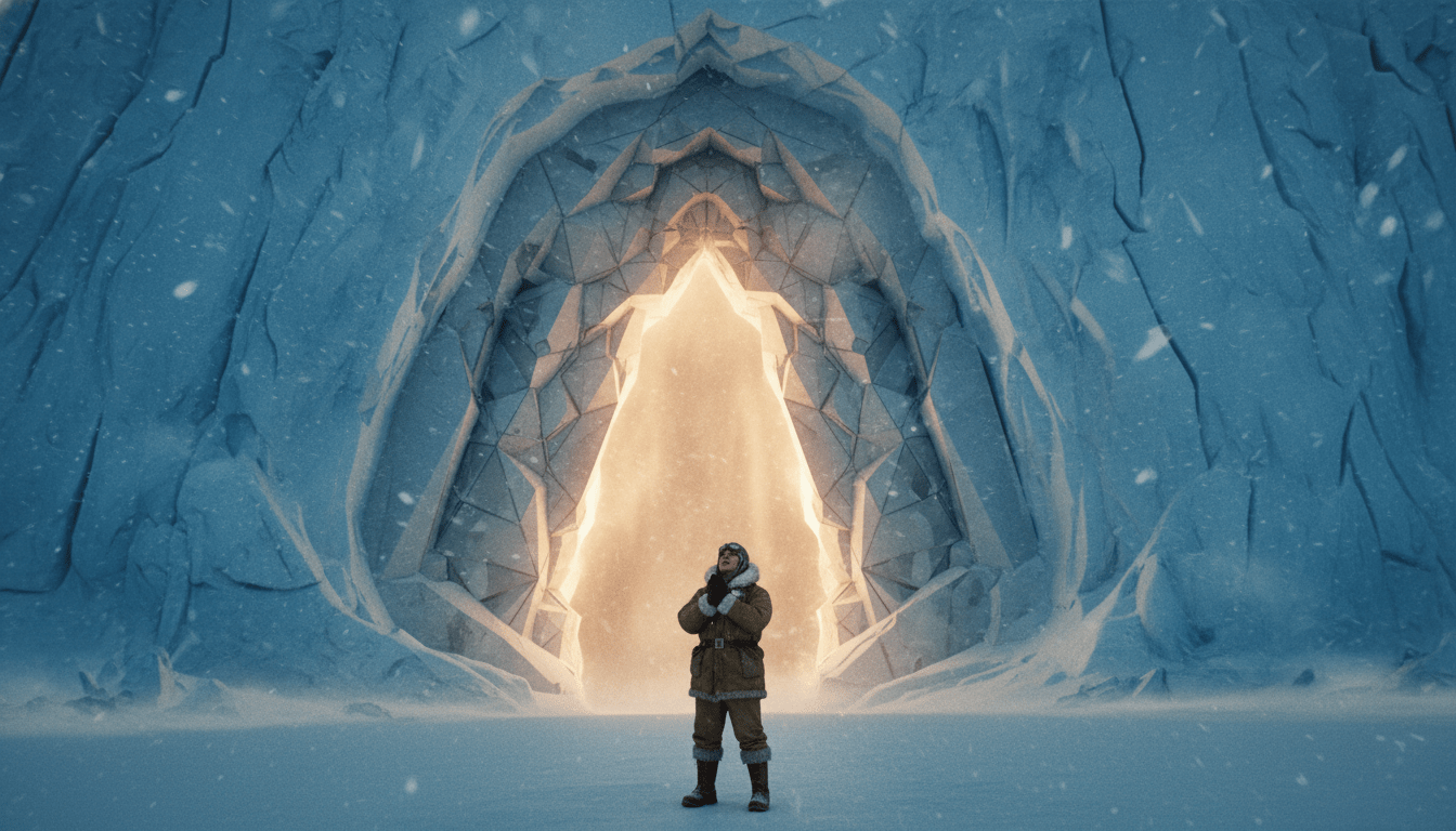 Ilustración de una entrada secreta a la Tierra Hueca en los glaciares de la Antártida con un explorador observando el resplandor.