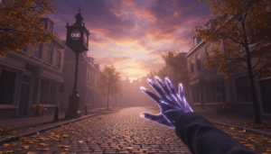 Ilustración conceptual de un sueño lúcido mostrando una mano con seis dedos y un cielo violeta, simbolizando el control de la mente sobre la realidad onírica.