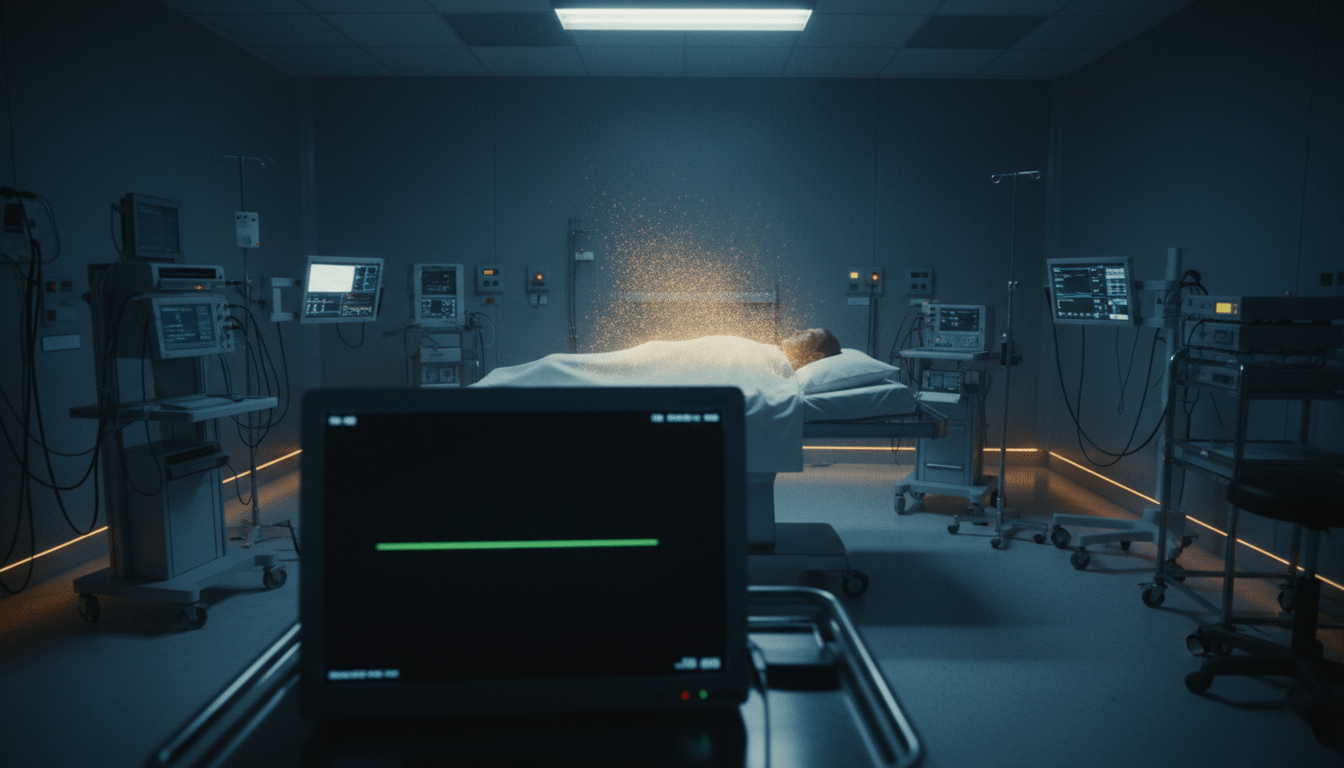 Representación conceptual del estudio AWARE sobre la conciencia humana tras el paro cardíaco mostrando un monitor médico con línea plana y luz etérea.