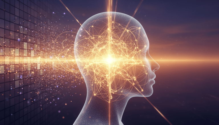 Representación visual de la conciencia y la Teoría de la Información Integrada mostrando una red neuronal dorada y píxeles digitales en un entorno cinematográfico.